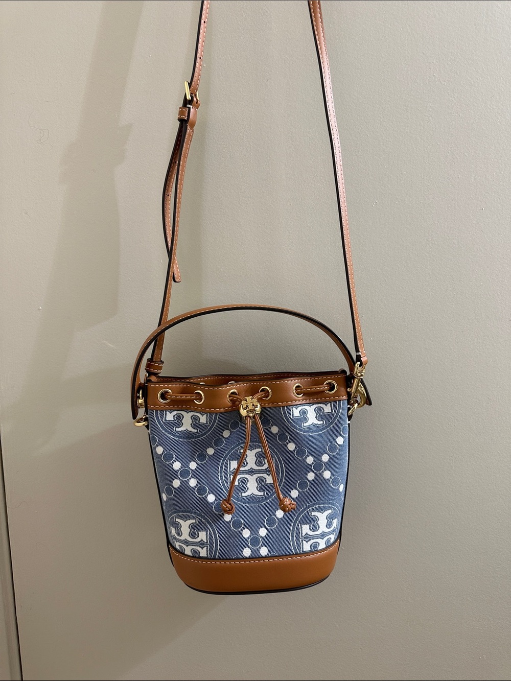 Tory Burch Blue Logo Bucket Bag with Brown Leather Trim